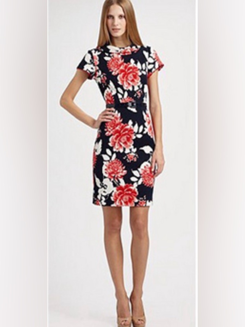 NWT Rickie Freeman Teri Jon Navy Red Floral Textured Sheath Dress Size 2